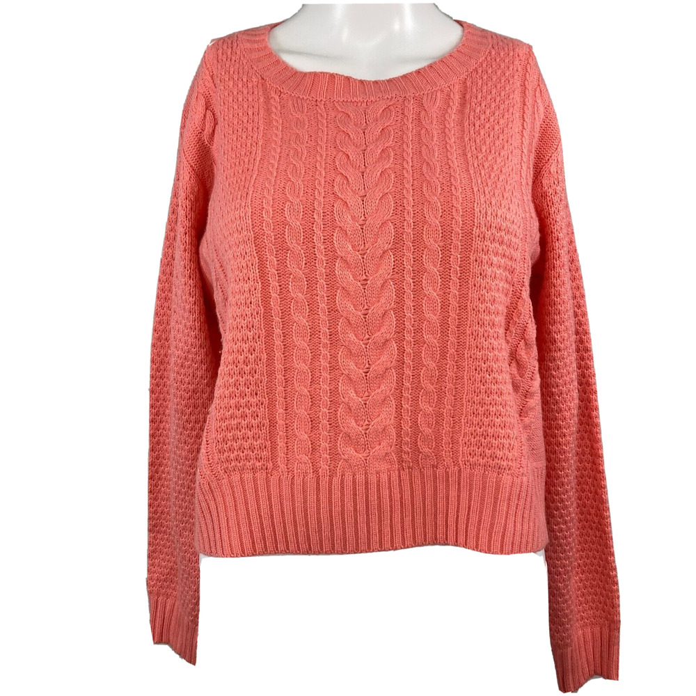 Iris Sweater Womens Sz L Coral Pink Cropped Cable Knit Long Sleeve‎ Pullover